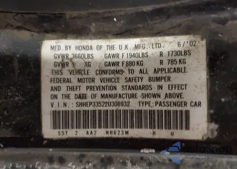 2002 Honda Civic Si z USA, uszkodzony, nr VIN SHHEP33522U308932